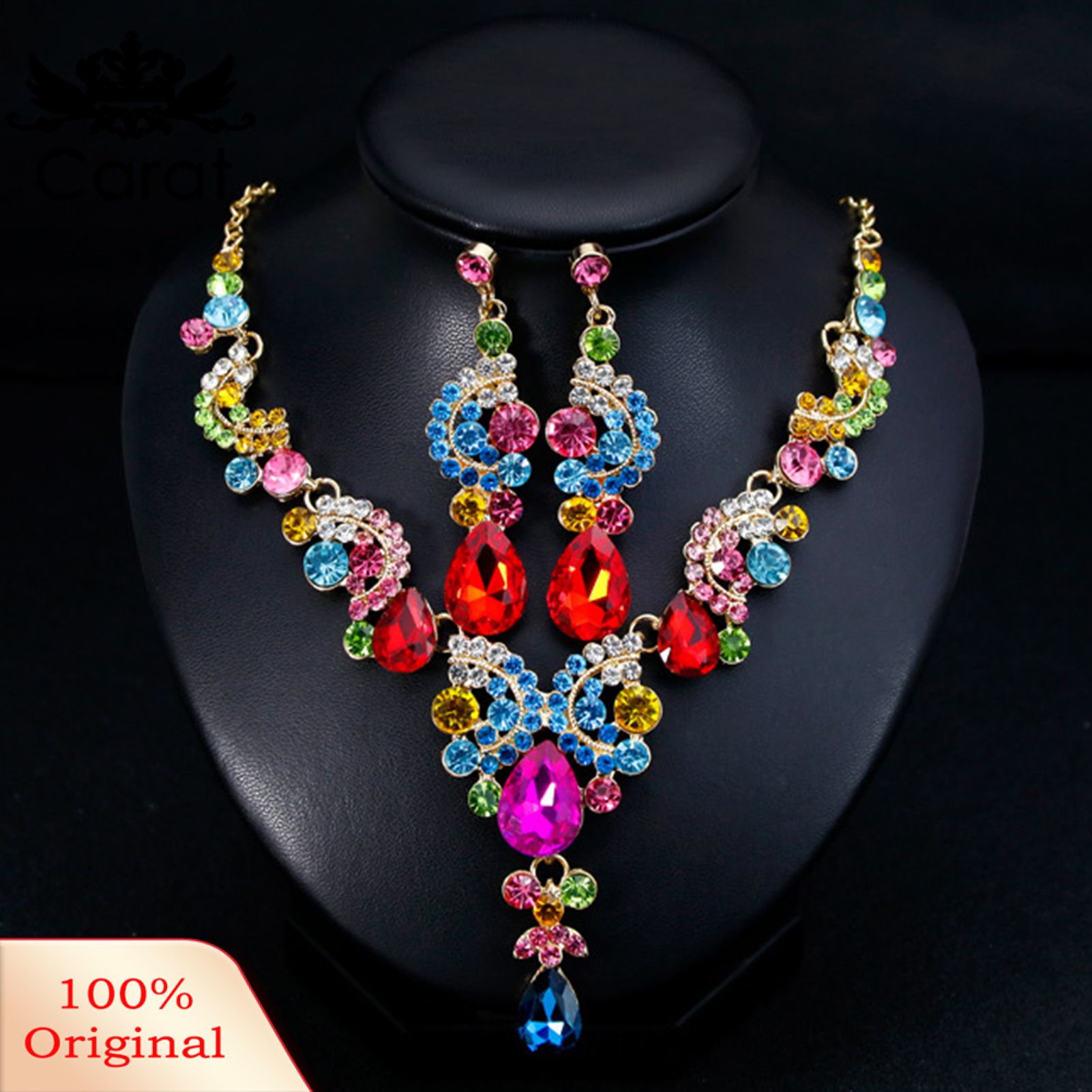 Carat Fashion Wedding Faux Crystal Rhinestone Decor Necklace Earrings Jewelry Set