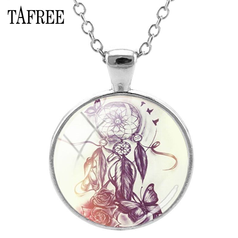 TAFREE Dream Catcher & Owl Pendants Necklaces Black And White Art Pattern Glass Cabochon Dome Handmade Jewelry DH54(null)