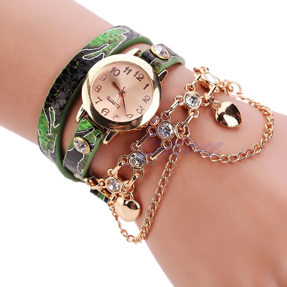 Women Multilayer Rhinestone Rivet Round Dial Analog Quartz Chain Bracelet Watch