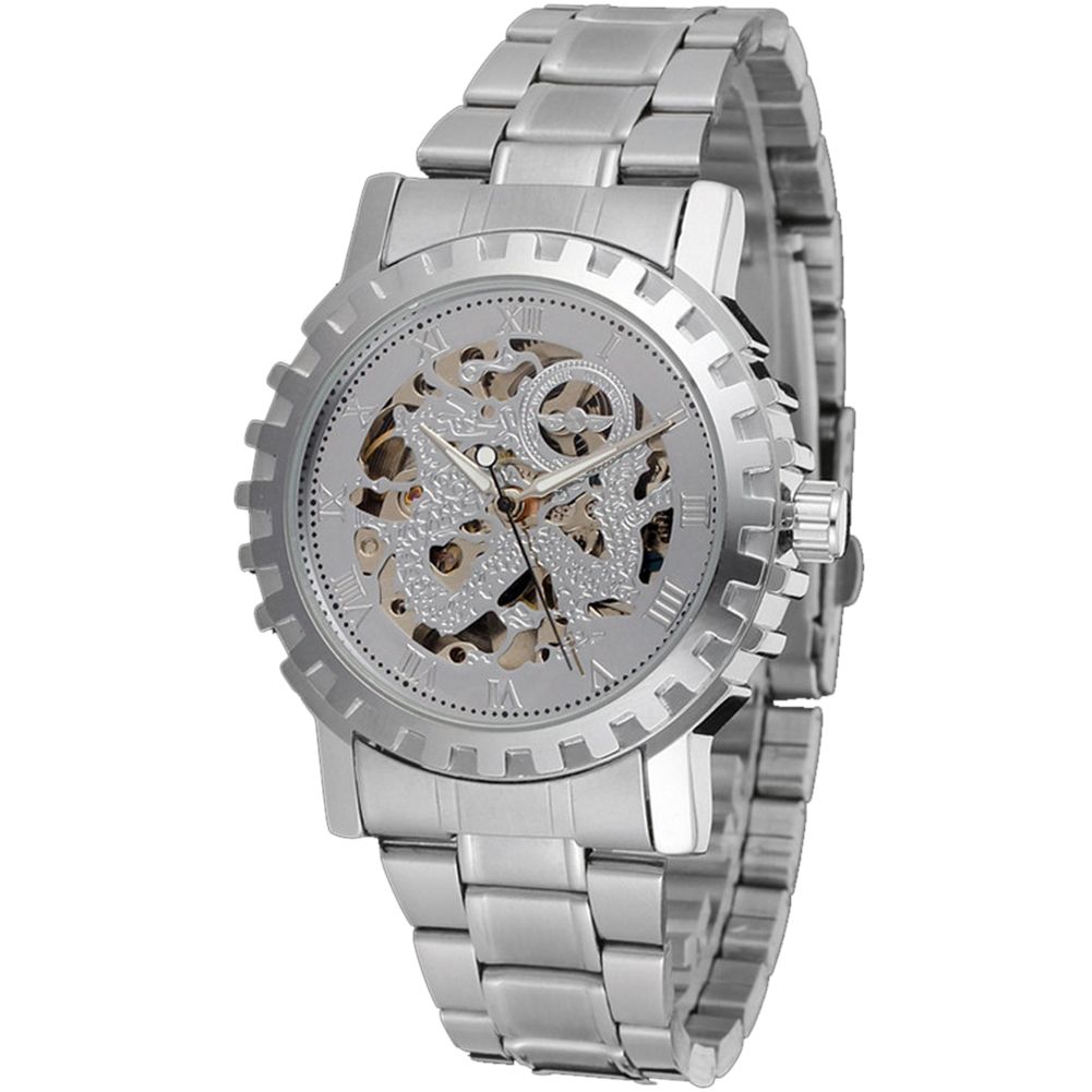 Yfashion Winner Male Auto Mechanical Watch Roman Numeral Dragon Skeleton Dial Steel Wristwatch