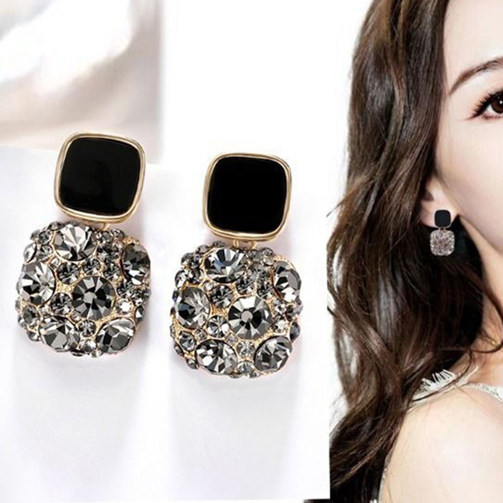 1 Pair Women Earrings Rhinestone Square Vintage Fadeless Shiny Luxury Stud Earrings for Gift