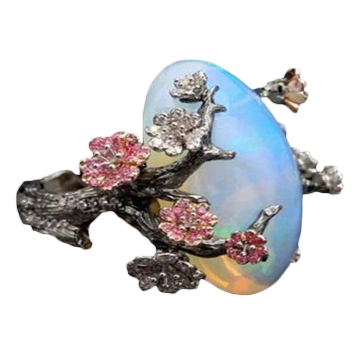 Vintage Women Faux Opal Plum Blossom Flower Two Tone Finger Ring Jewelry Gift