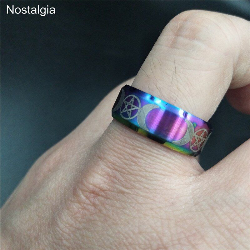 Nostalgia Stainless Steel Triple Moon Goddess Wicca Pentacle Titanium Ring Crescent Moon Pentagram Rings For Women Men Jewlery