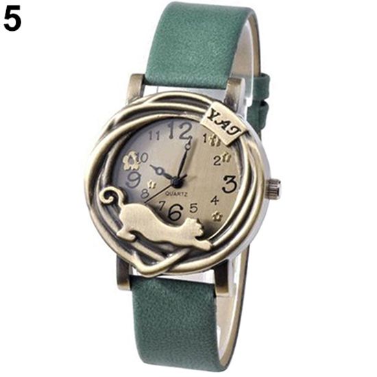 Women Vintage Jewelry Cat Flower Case Faux Leather Band Quartz Analog Wrist Watch