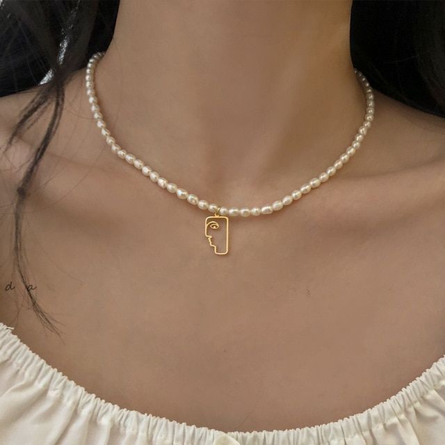 HUANZHI 2020 Natural Pearl Double Layer Metal Choker Flower OT Buckle Punk Clavicle Chain Gold Beads Necklace for Women Jewelry