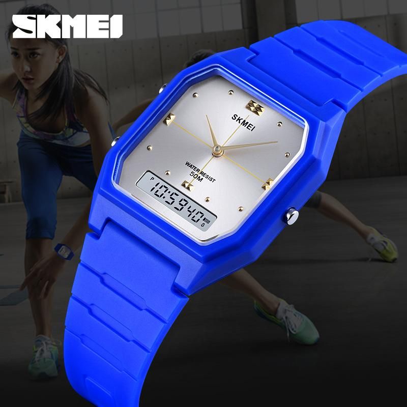 SKMEI 1604 Blue PU Dual Time Sport Watch For Unisex - White & Blue