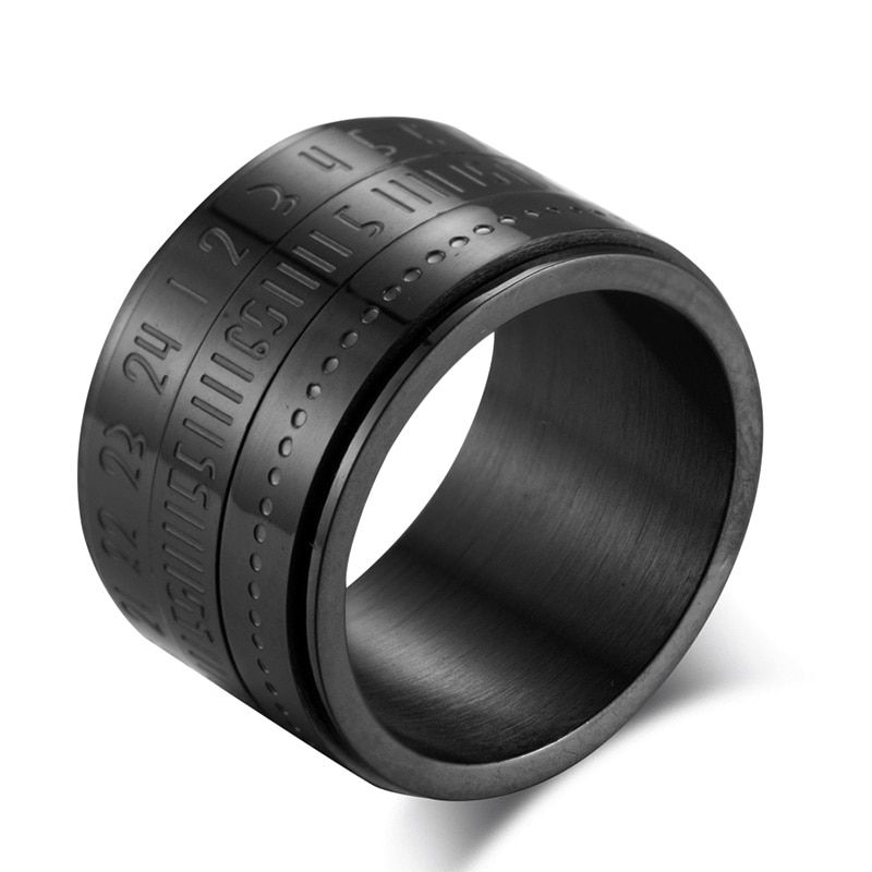 EdgLifU Men Rotating Rings Titanium Steel Arabic Calendar Rings Black Clock Band Ring for Men Jewelry