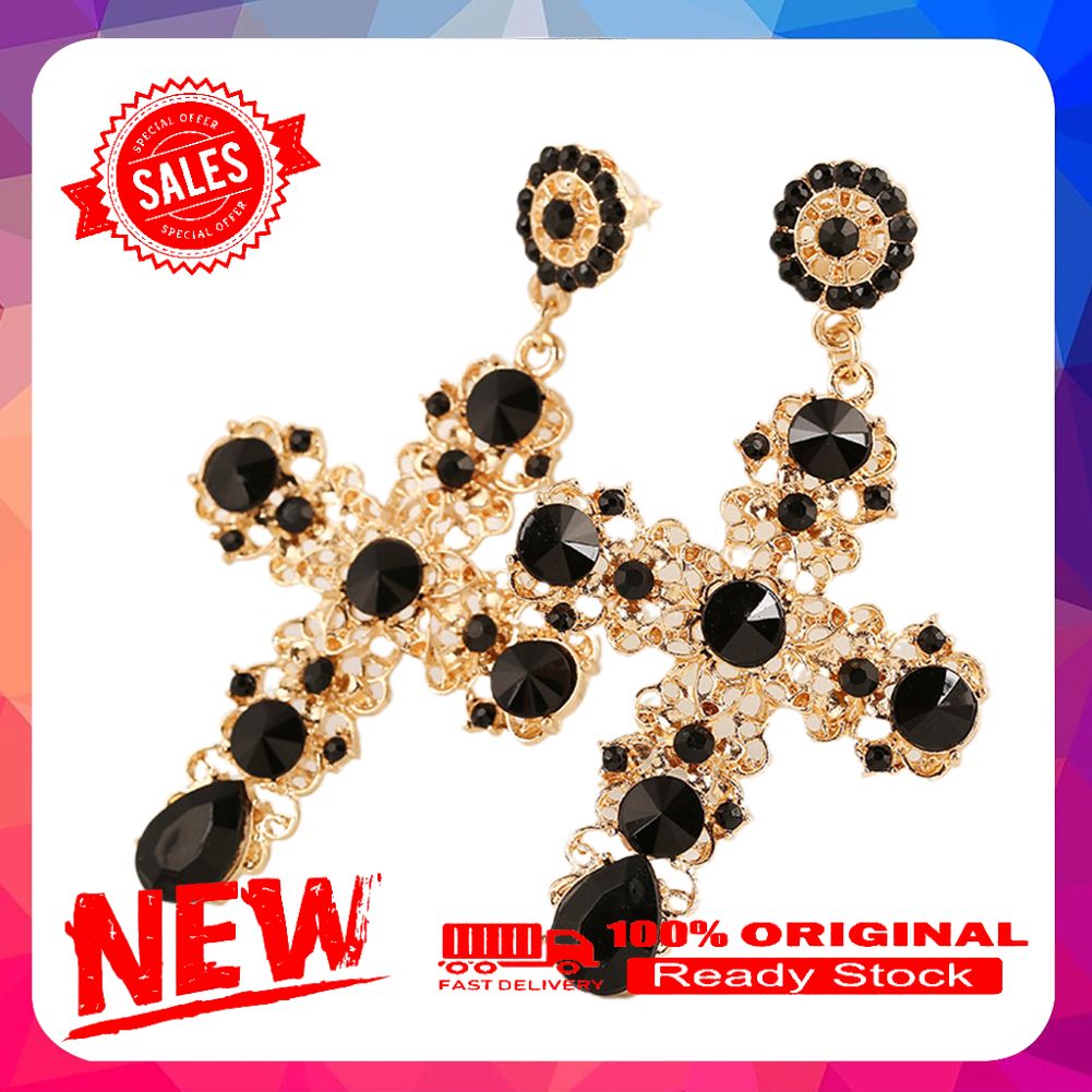 Boho Women Rhinestone Inlaid Hollow Cross Dangle Ear Drop Earrings Jewelry Gift