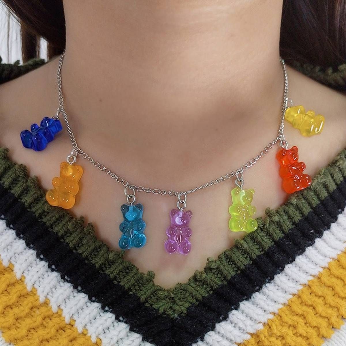 New Handmade Resin Cute Cartoon Gummy Bear Necklace For Women Girl Creative Transparent Color Candy Necklace Jewelry Gift