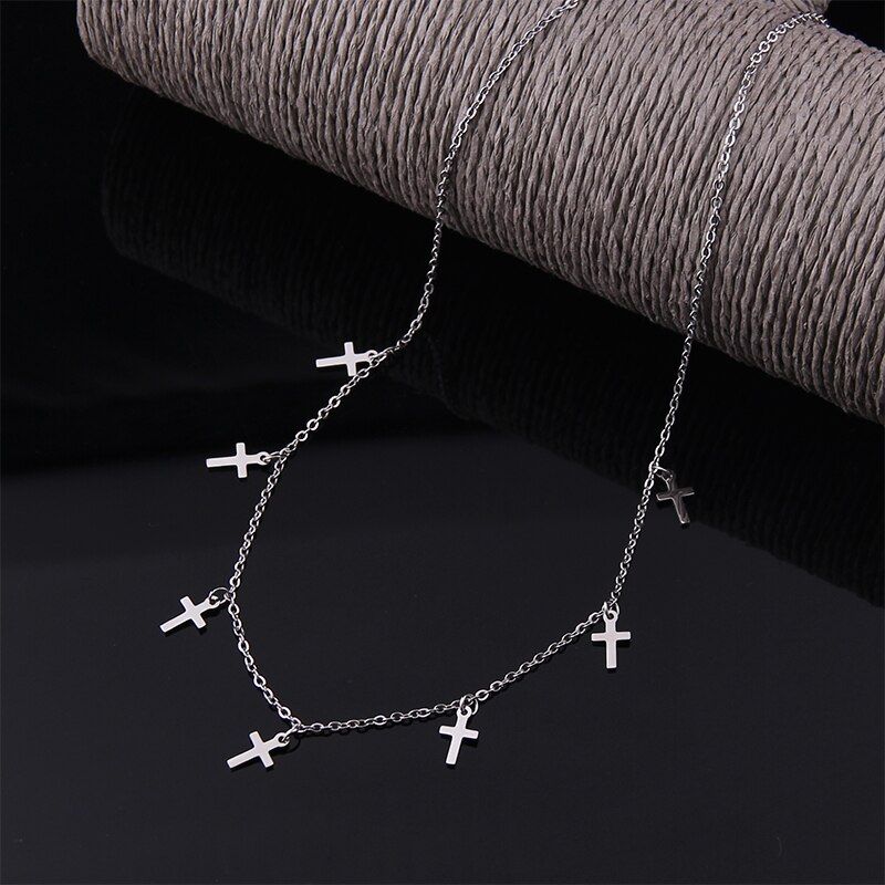 SUQI new Women Necklaces Jewelry Cross Lightning hexagram Choker Necklace Chain Silver Color Classic Girls Tassel Kpop Collares
