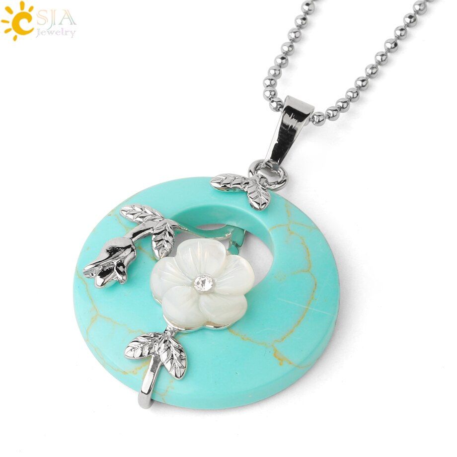 CSJA Natural Stone Round Pendants Necklaces Healing Crystal Silver-color Carved Flower Leaf Turquoises Women Trendy Jewelry G385