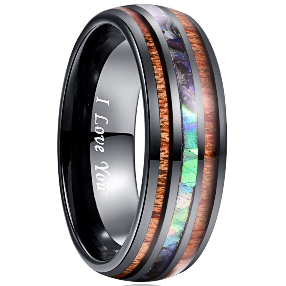 Nuncad  fashion hot Comfort Fit 8mm Natural Acacia Wood Ring with Letter I Love You Opal Tungsten Carbide Ring for Men
