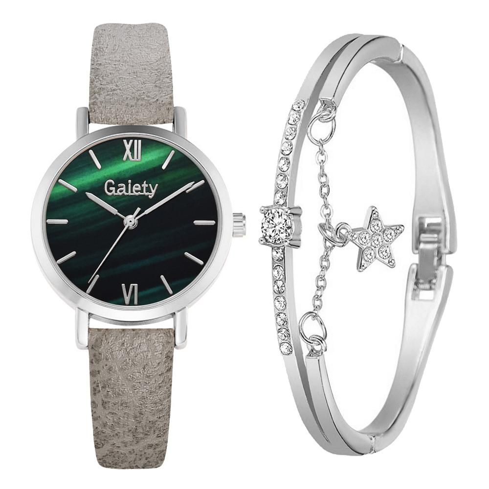 Fashion 2pcs Set Women Watches Bracelet Set Casual Leather Green Dial Ladies Bracelet Watch Girls Quartz Wristwatch Dropshipping