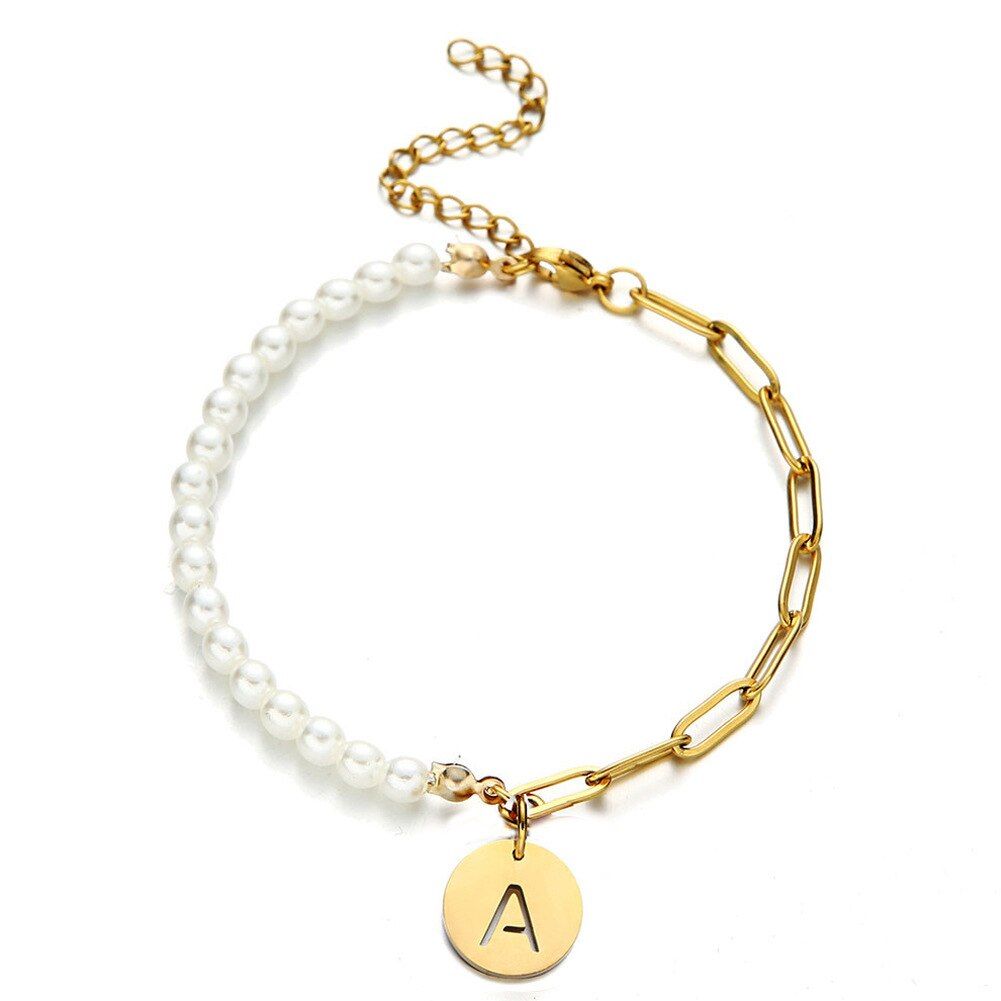 Sweet Imition Pearl Chain Bracelet Stainless Steel Letter Pendant Couple Initials Bracelets Fashion Jewelry