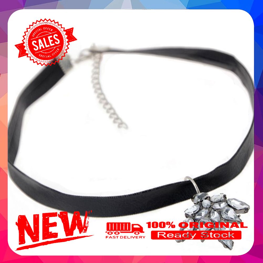 Women Gothic Faux Leather Rhinestone Cross Charm Pendant Choker Necklace Gift