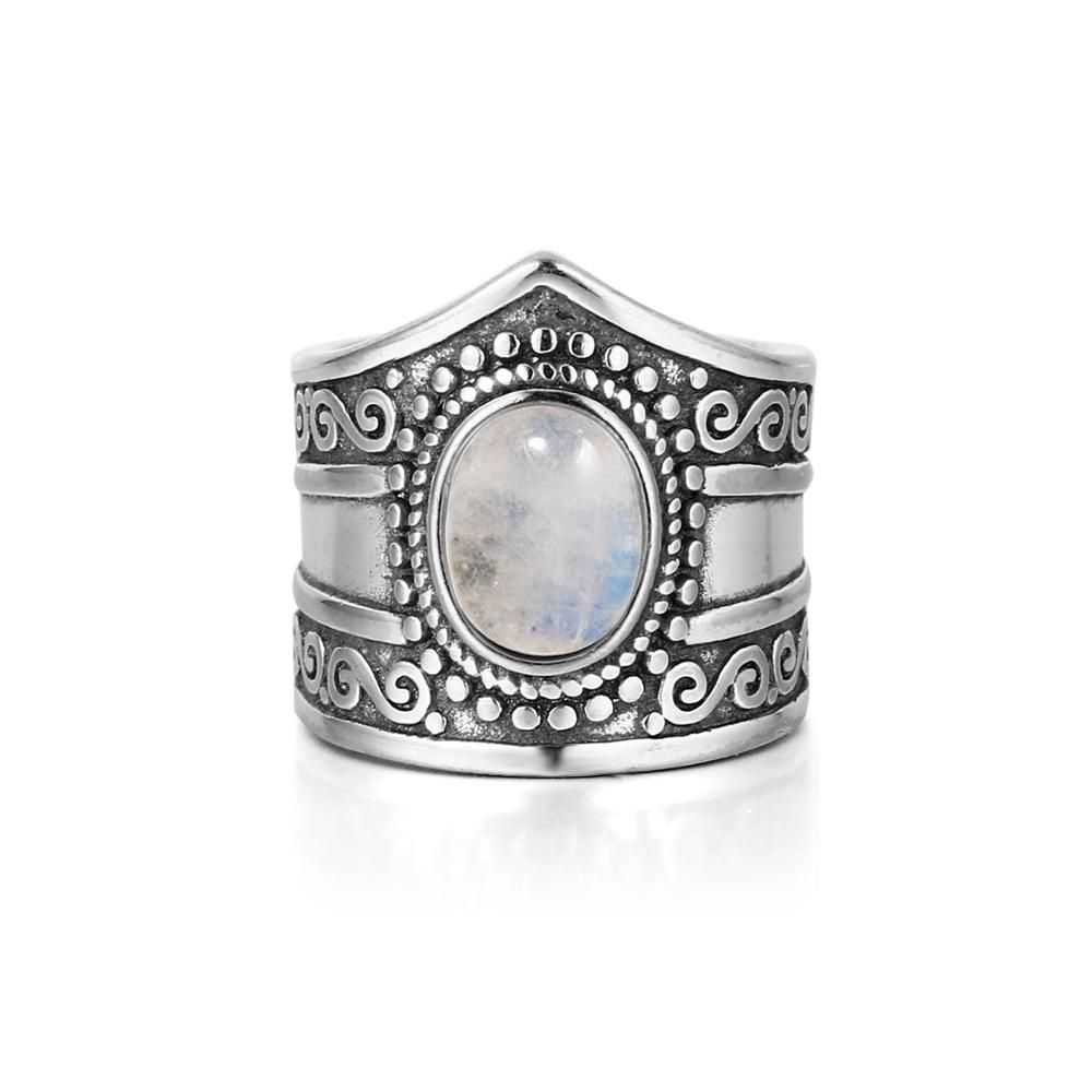 Vintage Fine Jewelry 7*9MM Big Natural Rainbow Moonstone Rings 925 Sterling Silver For Women Anniversary Gifts
