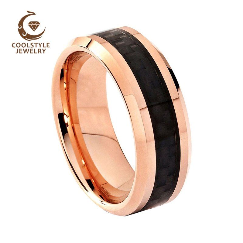 Men Women Tungsten Wedding Band Rose Gold Color With Black Carbon Fiber Inlay Comfort Fit