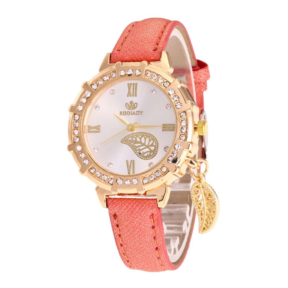 Roman Numbers Rhinestone Leaf Charm Women Faux Leather Band Quartz Wrist Watch