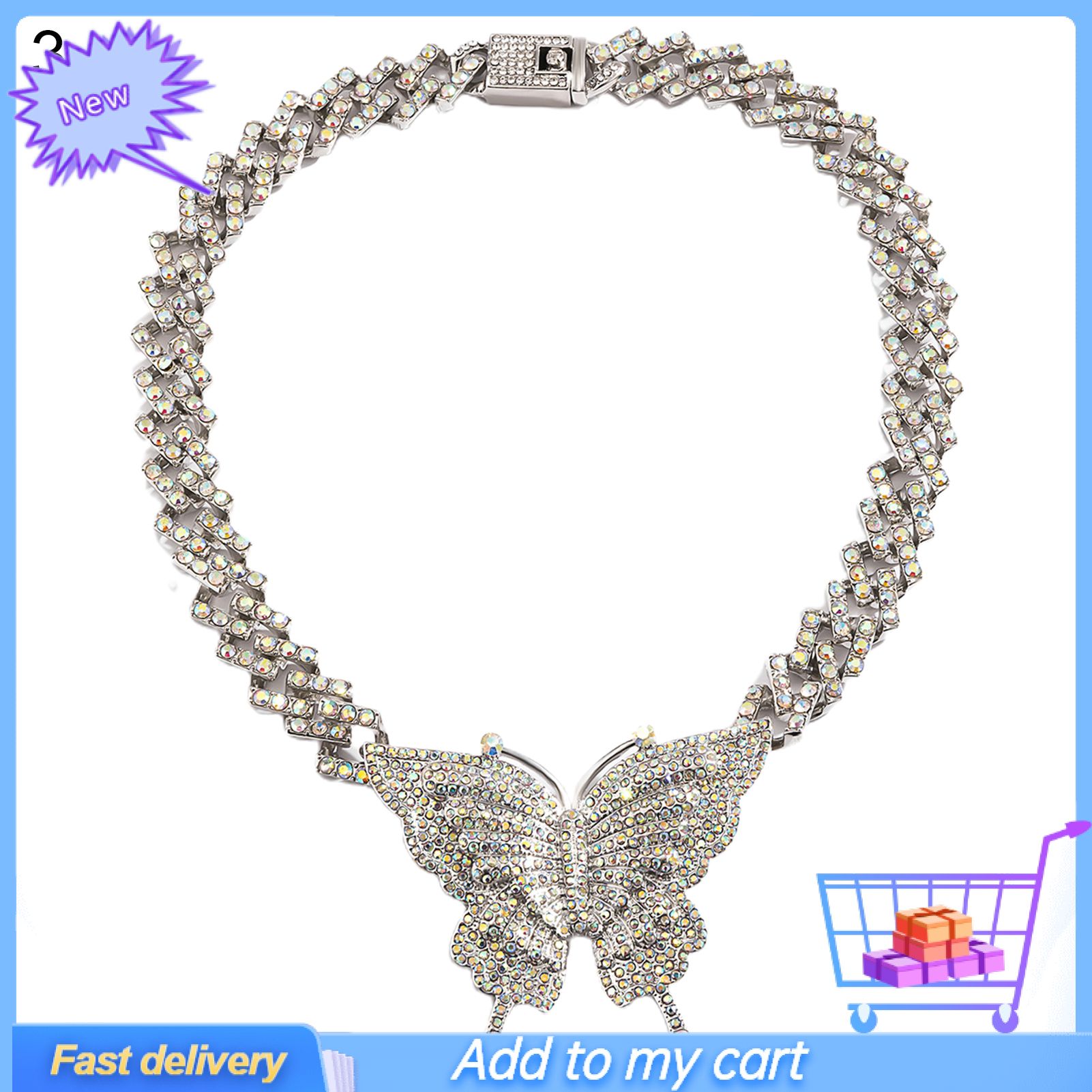 Exaggerated Necklace Punk Style Alloy Rhinestone Butterfly Pendant Women Necklace for Party