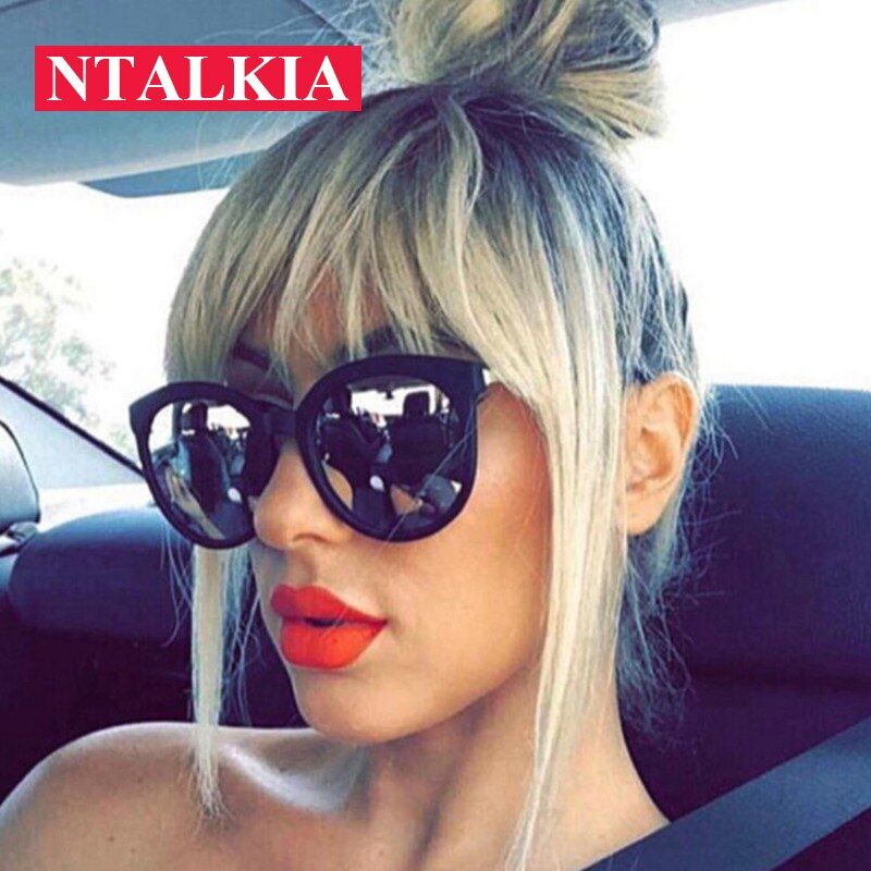 blueFashion Round Cat eye Sun glasses woman Anti-Reflective UV400 Driving black frame pink lens Sunglasses for women coating oculos