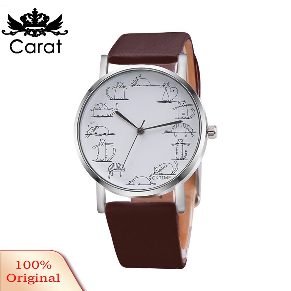 Girl Retro Design Lovely Kitty Cartoon Faux Leather Band Alloy Wristwatch