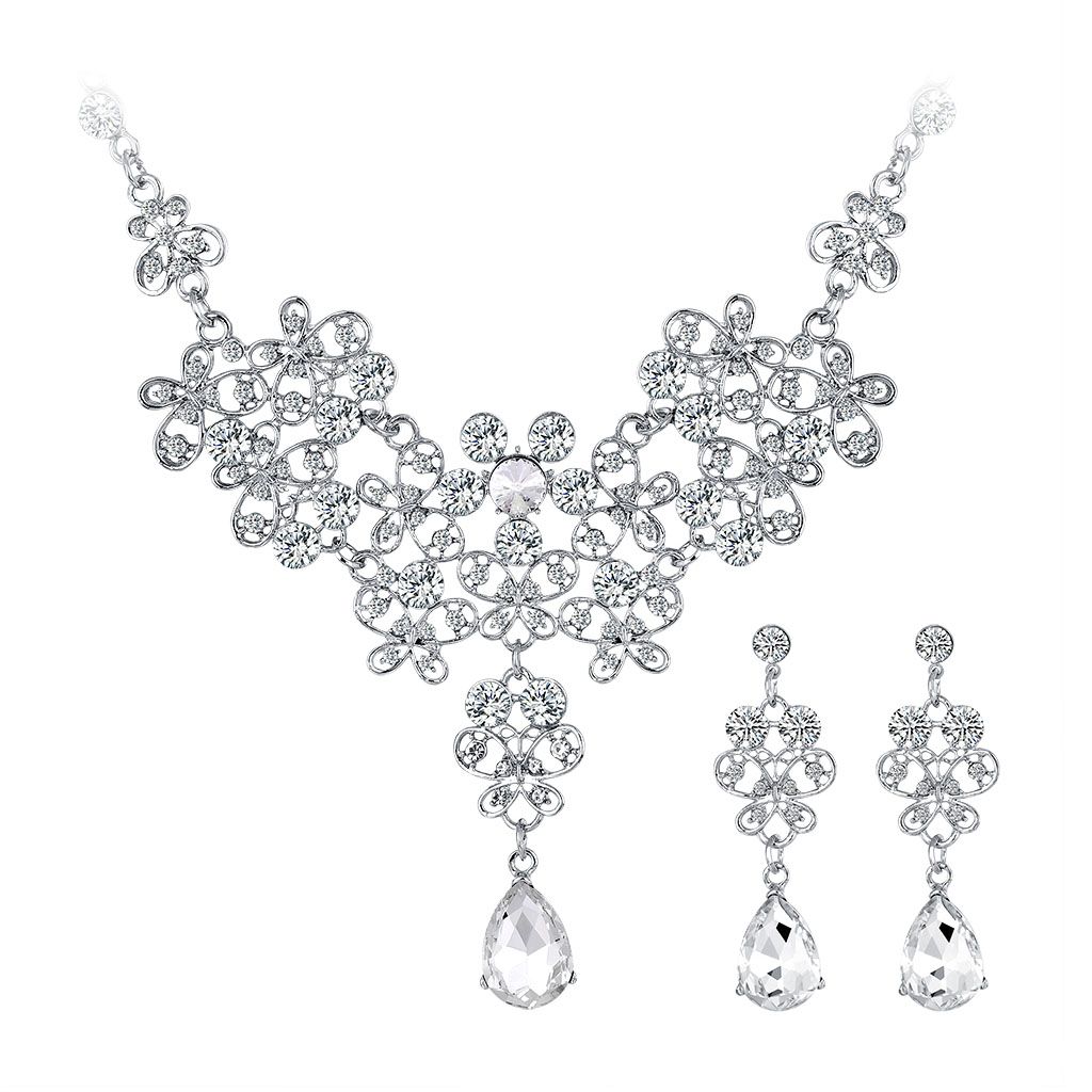 Wedding Jewelry Sets for Charming Women Accessories Rhinestone Glass Crystal Necklace Earrings Set Silver Color