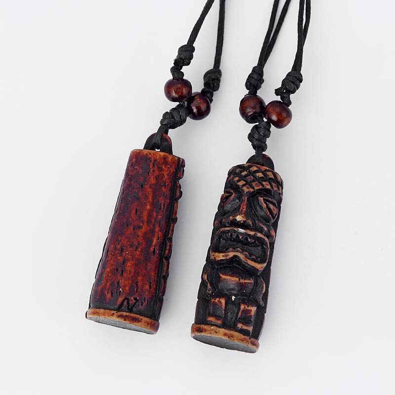 1pcs Brown/White Tribal Faux Yak Bone Carved Tiki Man Totem Pendants Necklace Black Wax Cotton Cord jewelry