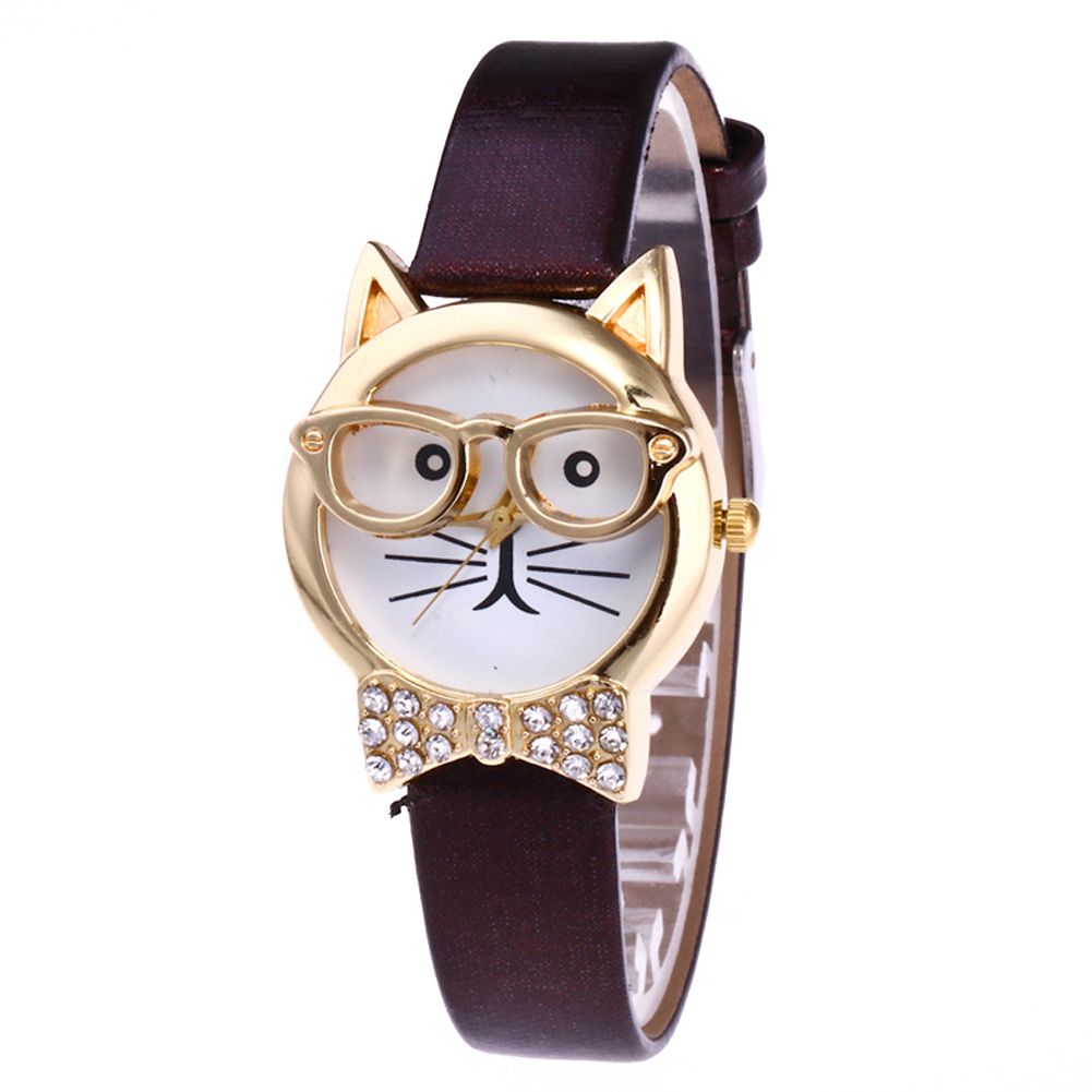 Cute Cat Face Round Dial Rhinestone Faux Leather Women Analog Quartz Wrist Watch