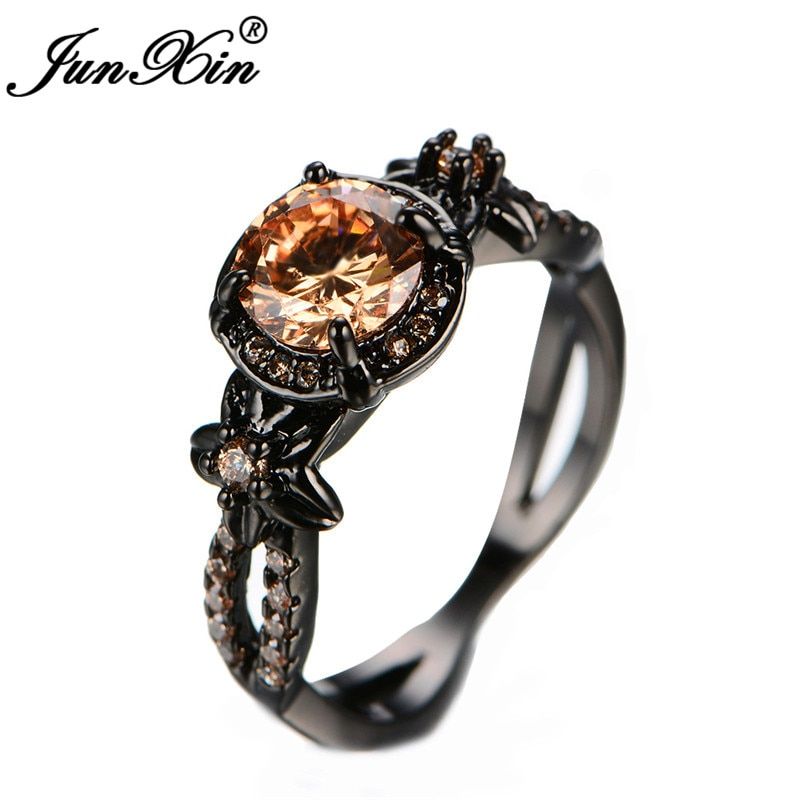 JUNXIN Boho Female Flower Rings For Women Black Filled Royal Blue Red Pink Purple Zircon Stone Wedding Ring Jewelry