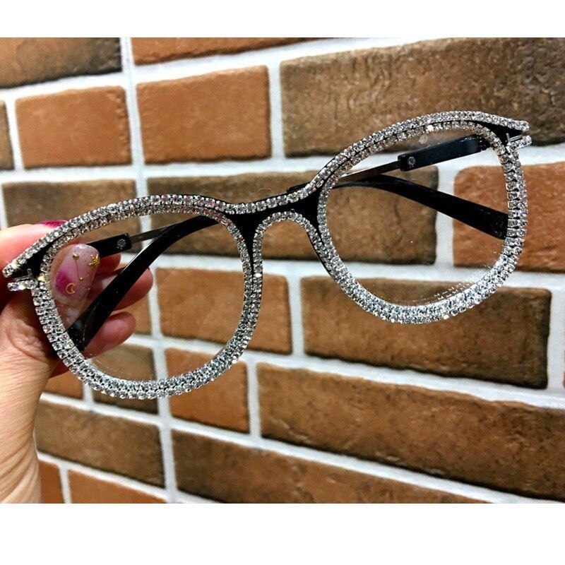 black Fwhite daimondWomen sunglasses vintage style clear lens glasses ladies luxury rhinestone decoration design Blu-ray sunglasses men optical