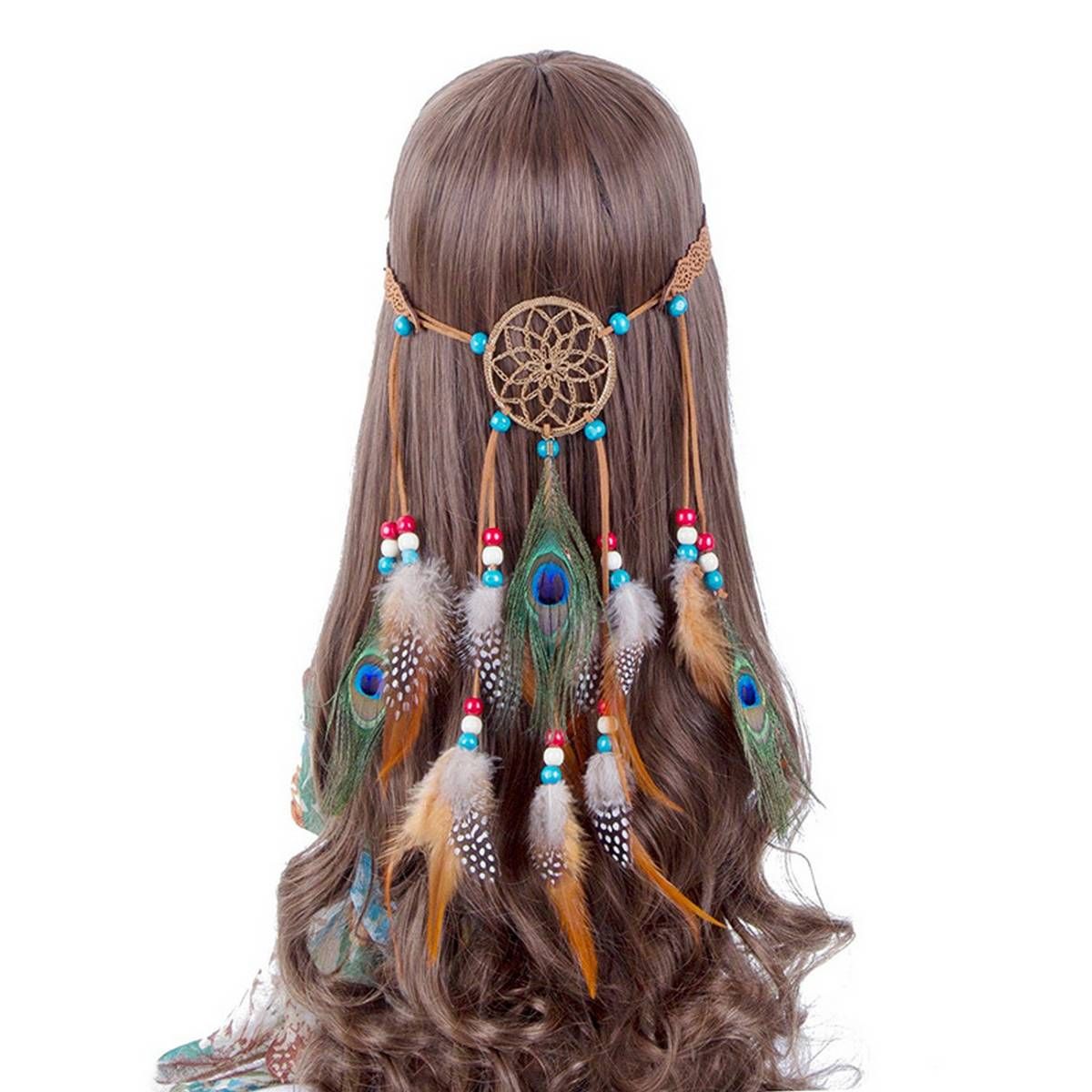 Dream catcher  Fashion Boho Headwear  Headpiece Hippie Clothes Peacock Feather Hair Accessories (Khaki)