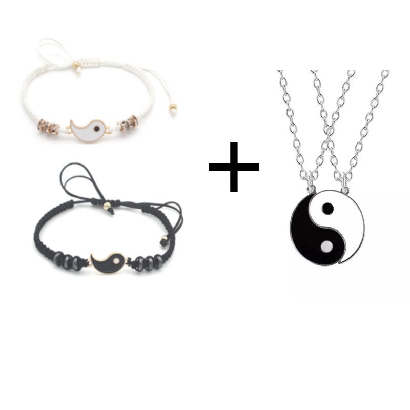 Couple Bracelets Necklace Hematite Leather Cord Braid Chain Bracelet Chinese Tai Chi Alloy Pen t Two Piece Woven Lover Bracelet Gift