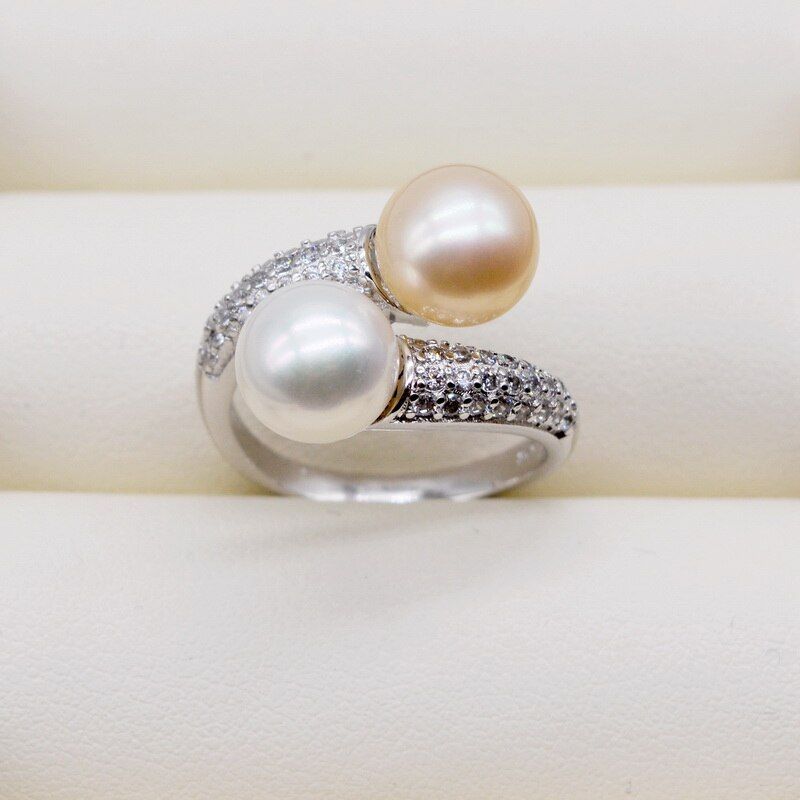 Double pearl ring. Round freshwater pearls. 925 sterling silver. Adjustable. Zircon women's pearl ring. engagement ring