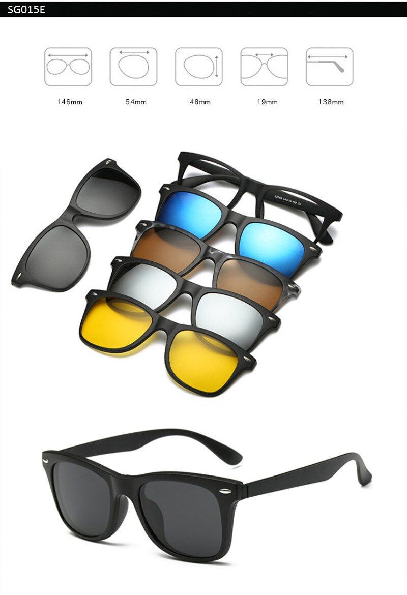 5Polarized Sunglasses Set with 5PCS Magnetic Clips TR Male Clip On Glasses Magnet Casual Optical Myopia Eyewear
