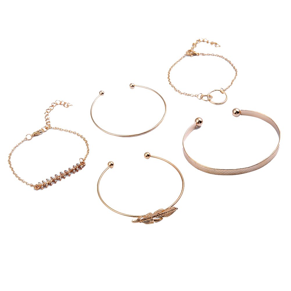 5Pcs/Set Women Fashion Leaf Rhinestone Inlaid Bangles Open Bracelets Jewelry