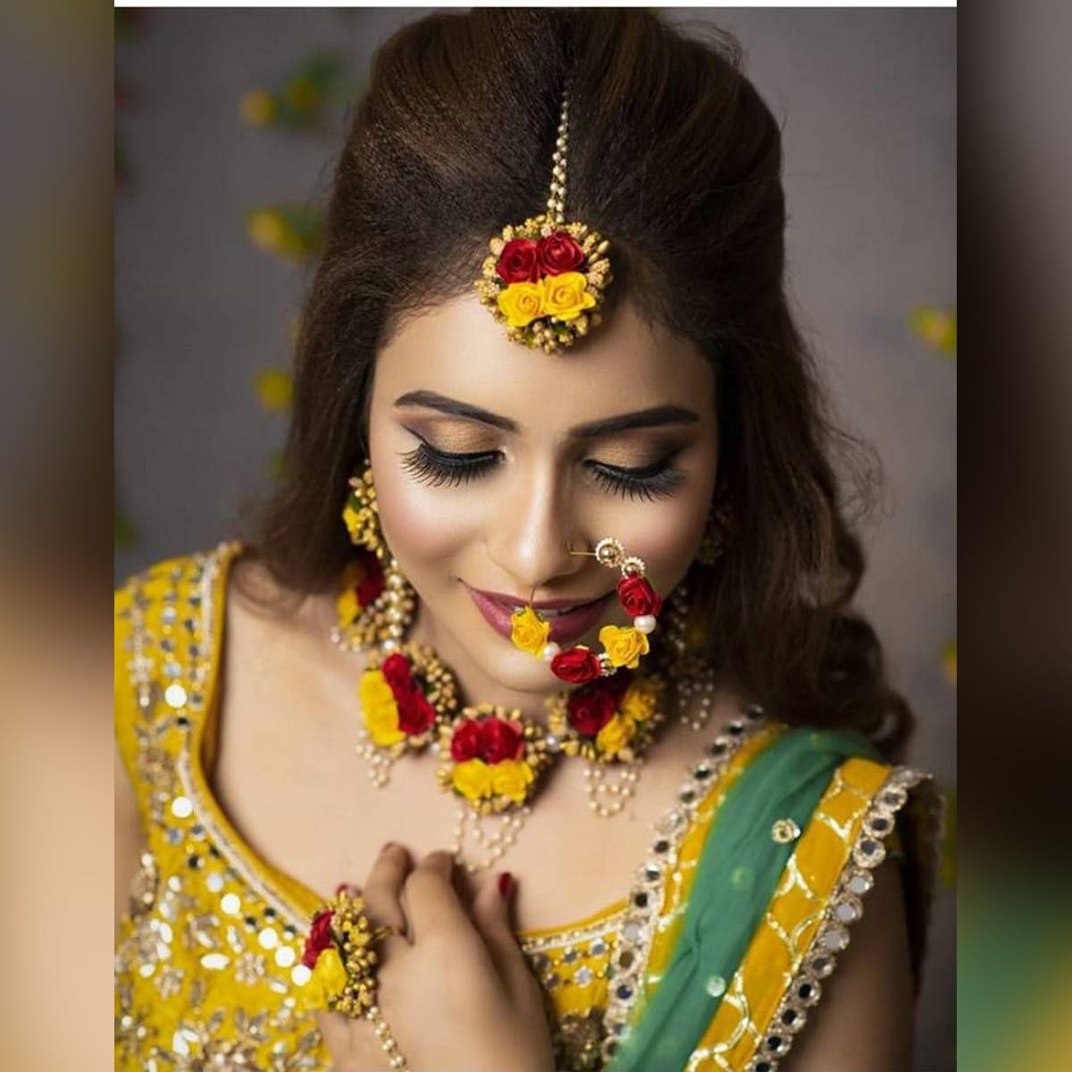 Designer. Artificial Flower Jewellery6 Part- Nose pin ,long Earrings,2 pcs Bracelets adjust Finger ring,Chokar & tikli Bridal/Holud/Boishakh Fashion For Women
