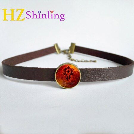 2017 New World of Warcraft Horde Necklace Leather Choker Necklace Round Glass Wow Jewelry Leather Pendant