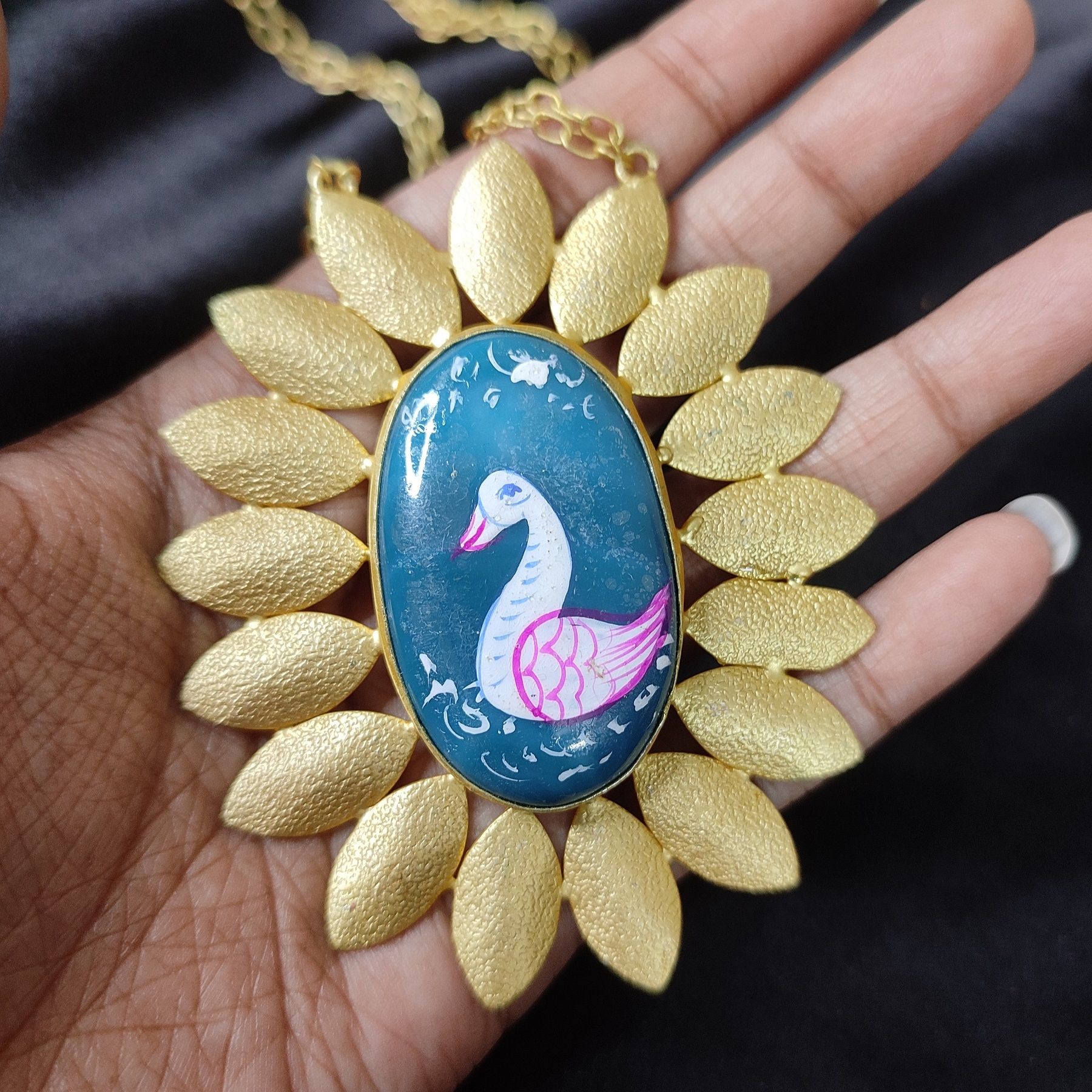 Hand Paint Druzy Stone Matt Golden Pendant with Long Chain For Women