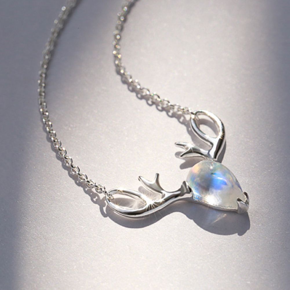 Fashion Women Faux Moonstone Inlaid Elk Antler Pendant Chain Necklace Jewelry