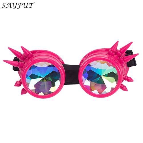 PinkMen Women Rivet Steampunk Goggles Kaleidoscope Rainbow Crystal Lenses Cosplay Vintage Glasses Welding Gothic Cool Eyewear