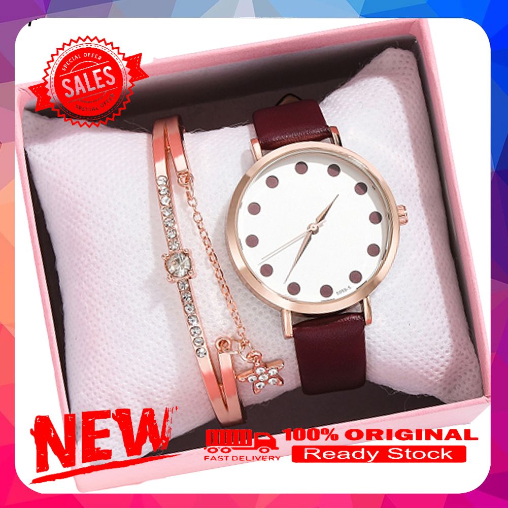 XR4435 Women White Dot Faux Leather Band Quartz Watch Star Design Bracelet Set