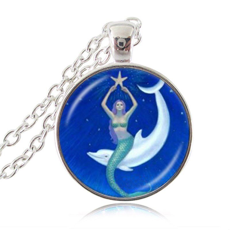 Mermaid Danced in Moon Necklace Sea-maid Jewelry Fantasy Pendant Glass Cabochon Necklace Handmade Ocean Jewellery HZ1