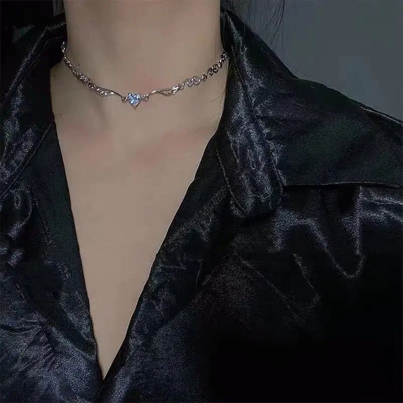 Goth Egirl Eesthetic Heart Crystal Wave Wing Pendant Necklace For Women Cute Chains grunge Choker collar indie collier Jewelry