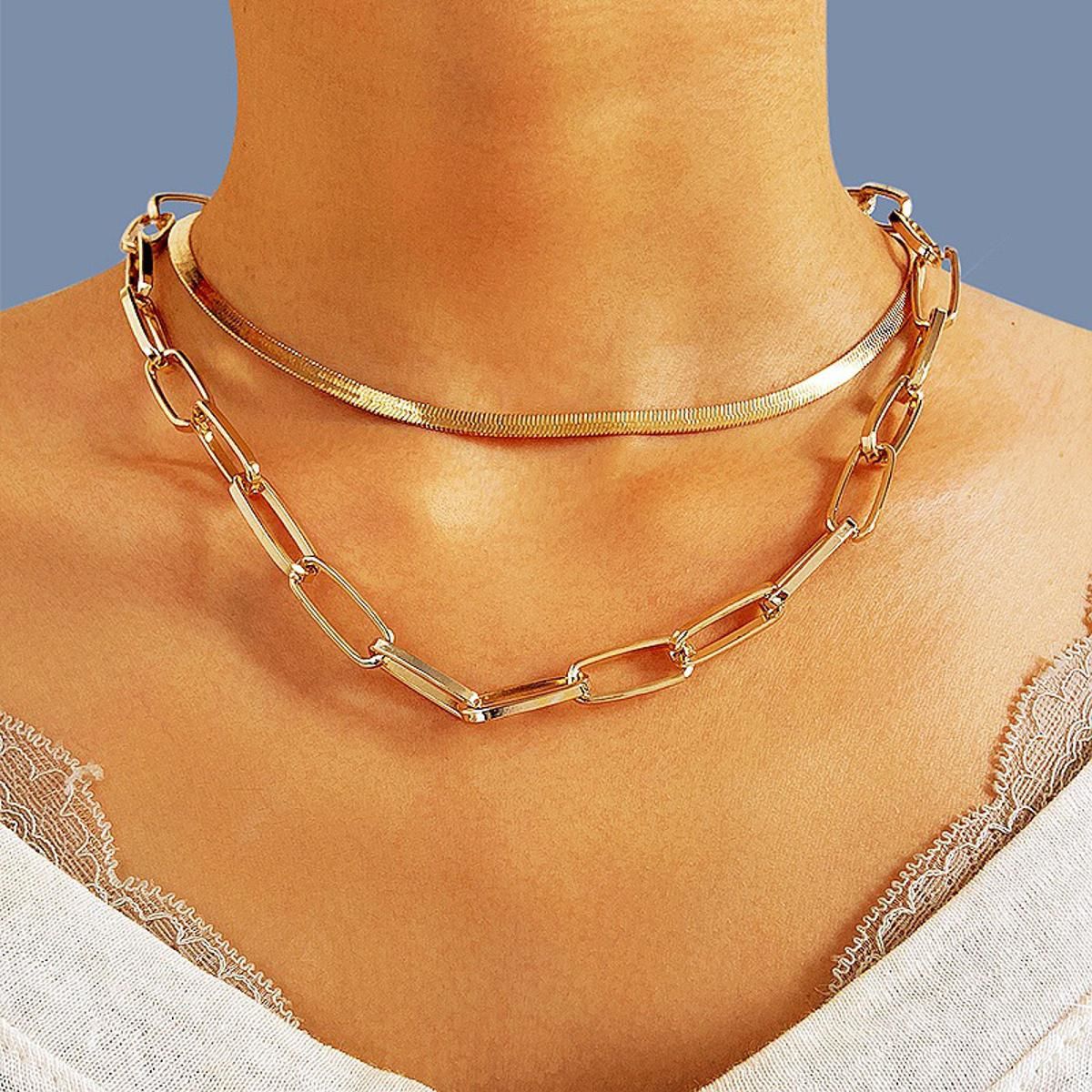 Hip Hop Double Layer Short Clavicle Chain Metal Thick Chain Necklace for Women Choker Party Jewelry A
