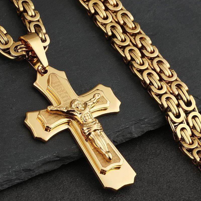 Religious Crucifix Jesus Cross Necklaces for Men Christian Orthodox Catholic Pendant Necklaces Stainless Steel Byzantine Chains