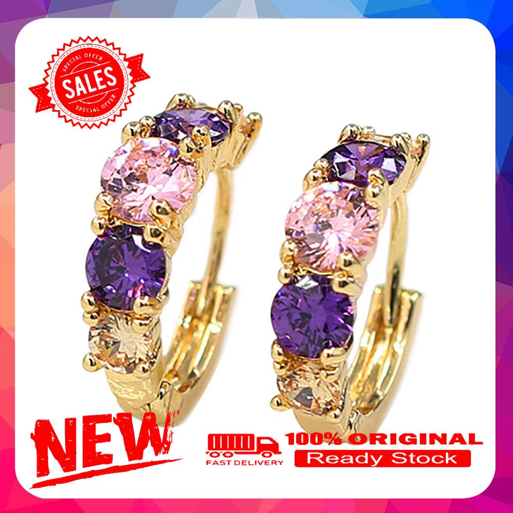 Women Fashion 9K Gold Plated Purple Zircon Eardrop Huggie Earrings Jewelry Gift