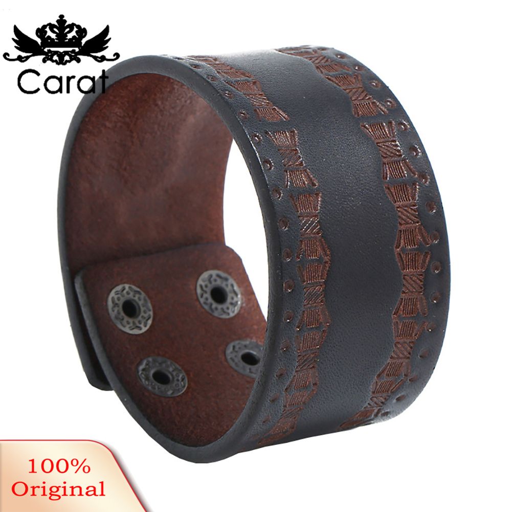 Vintage Men Embossed Faux Leather Buttons Wide Brelet Bangle Wristband Decor