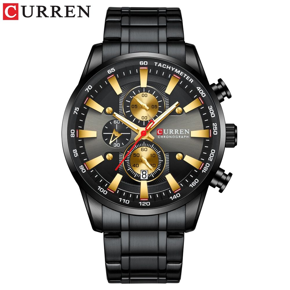 【BestGO】Fashion Top Brand Sports Watch Men Stainless Steel Chronograph Wristwatch Male Clock Auto Date Casual Business Watch