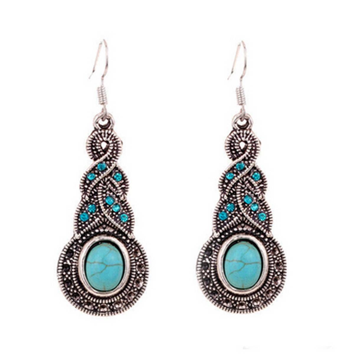 Women's Unique Retro Turquoise Pendant Rhinestone Earrings Necklace Jewelry Set