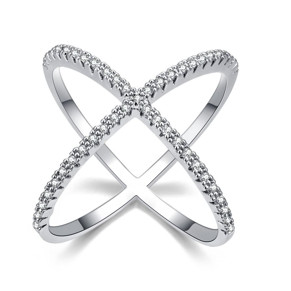 925 Sterling Silver Cubic Zirconia Rings  X Shape Cross Round Fashion Women Personality Finger Accessories Jewelry Bague